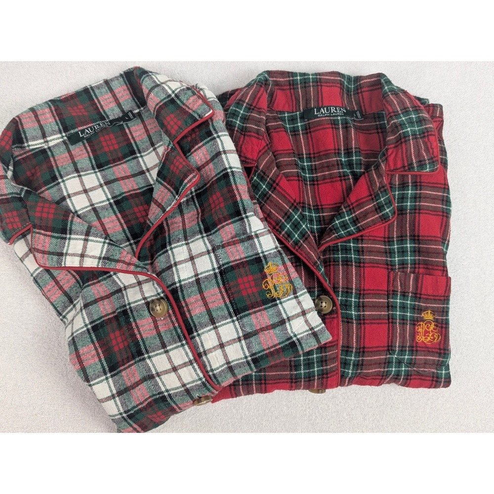 Lauren Ralph Lauren Womens Large Flannel Pajama Tops 2 Pack Red White Plaid LRL